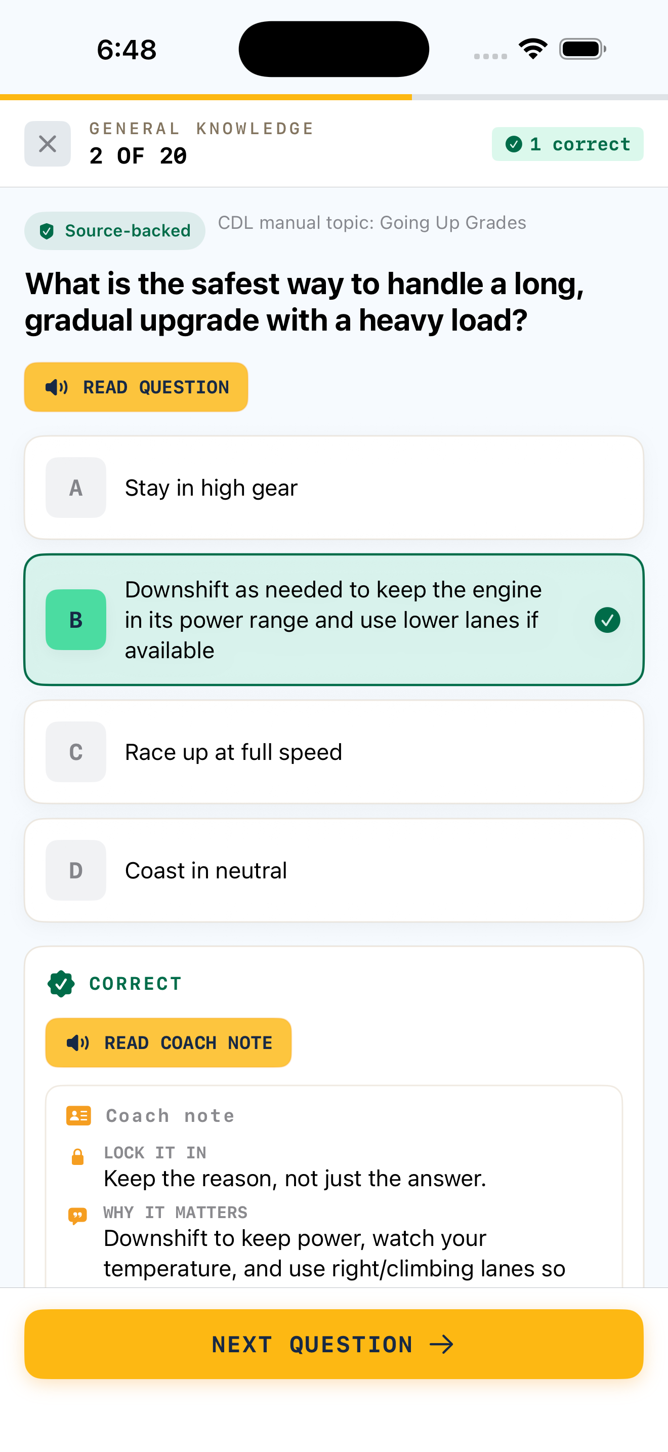 A CDL Quest answer review with the correct choice, source-backed cue, and coach note.