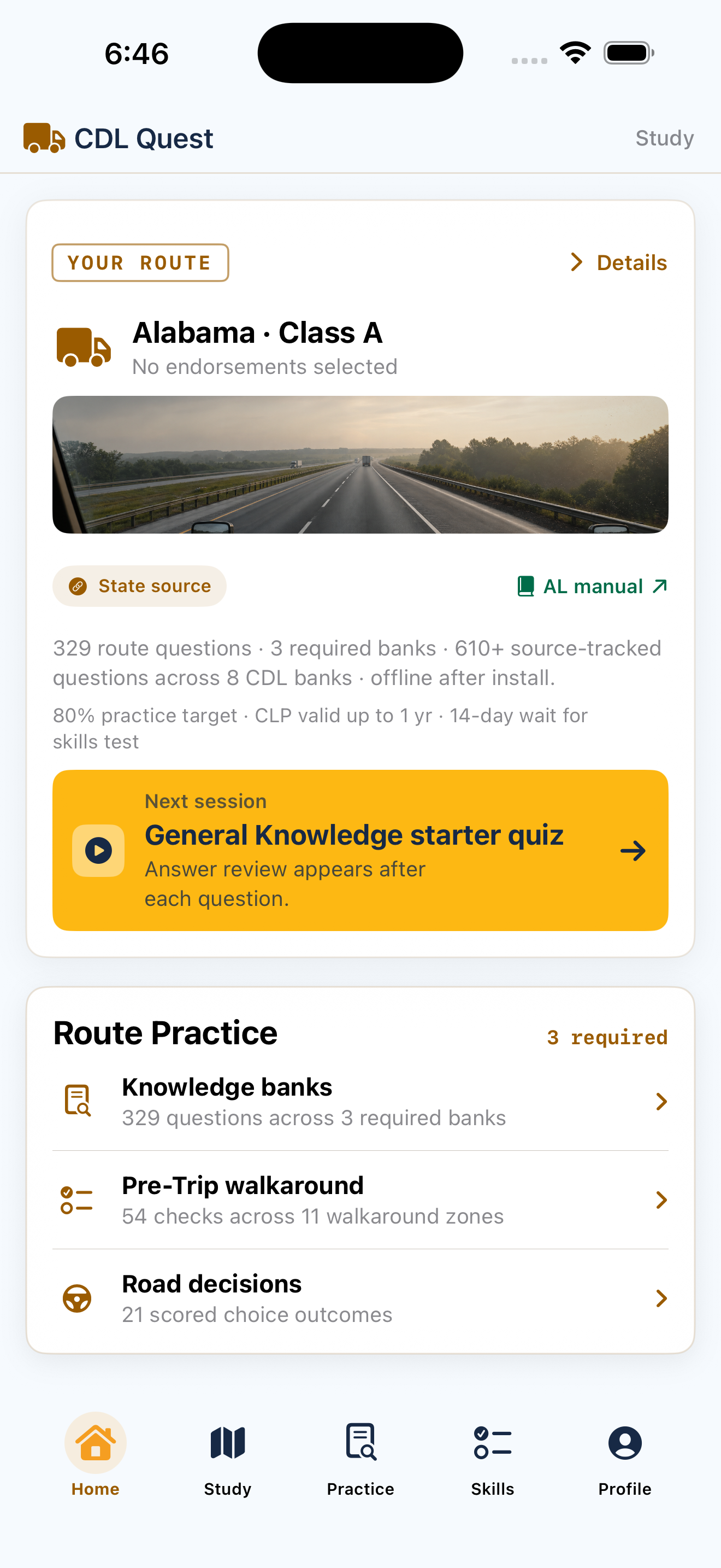 CDL Quest showing an Alabama Class A study route, state manual link, required banks, Pre-Trip practice, and road decisions.